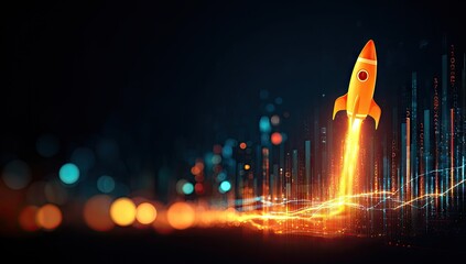 Rocket soaring through bokeh, data streams