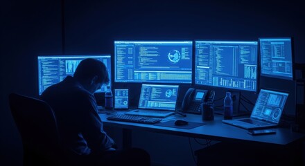 Hacker working on multiple computer screens in a dark command center