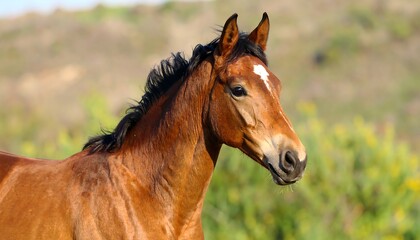 Fototapeta premium Chestnut Horse Portrait, Outdoor Pasture
