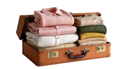 Packed Vintage Suitcase: An open antique suitcase overflowing with meticulously folded clothing.