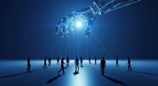 AI robot hand controlling people like a puppeteer, symbolizing technological manipulation - Powered by Adobe