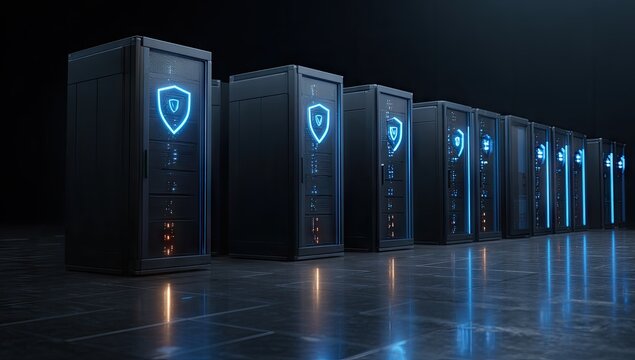 Row of dark servers, glowing blue shield icons for cybersecurity - Powered by Adobe