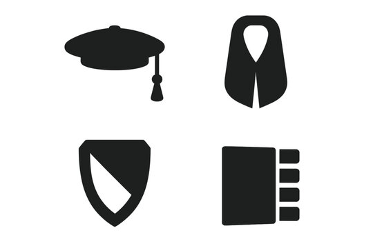 Academic regalia vector icon set for graduation. Solid glyph symbols of doctoral tam, university hood, gown cuff, and shield. Education and convocation ceremony elements.