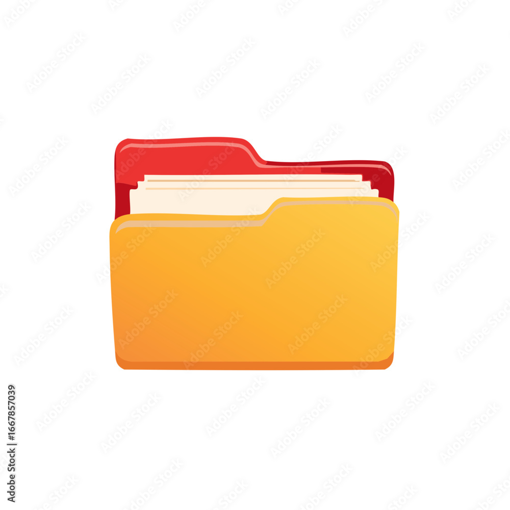 Poster vibrant yellow orange file folder with red tab displaying important business documents and organized