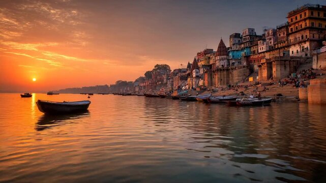 Varanasi ghats with boats on Ganges River
