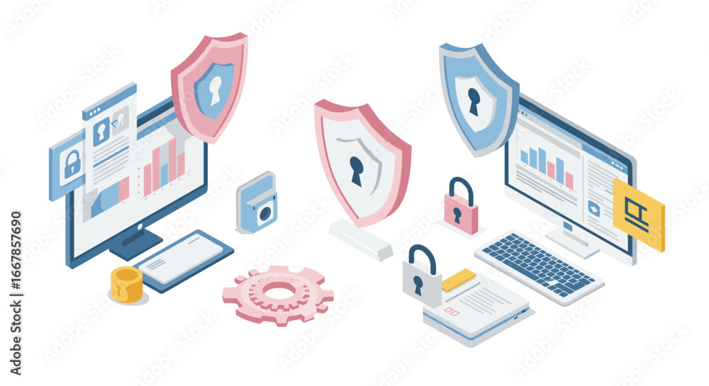 Poster isometric digital security setup with computers and shield icons for data protection