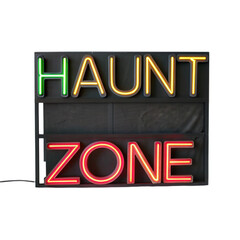 Halloween haunt zone neon sign with transparent background creates spooky and festive atmosphere for party or decoration