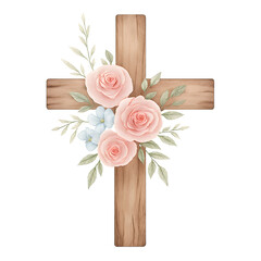 Wooden cross adorned with pink roses and greenery isolated on transparent background