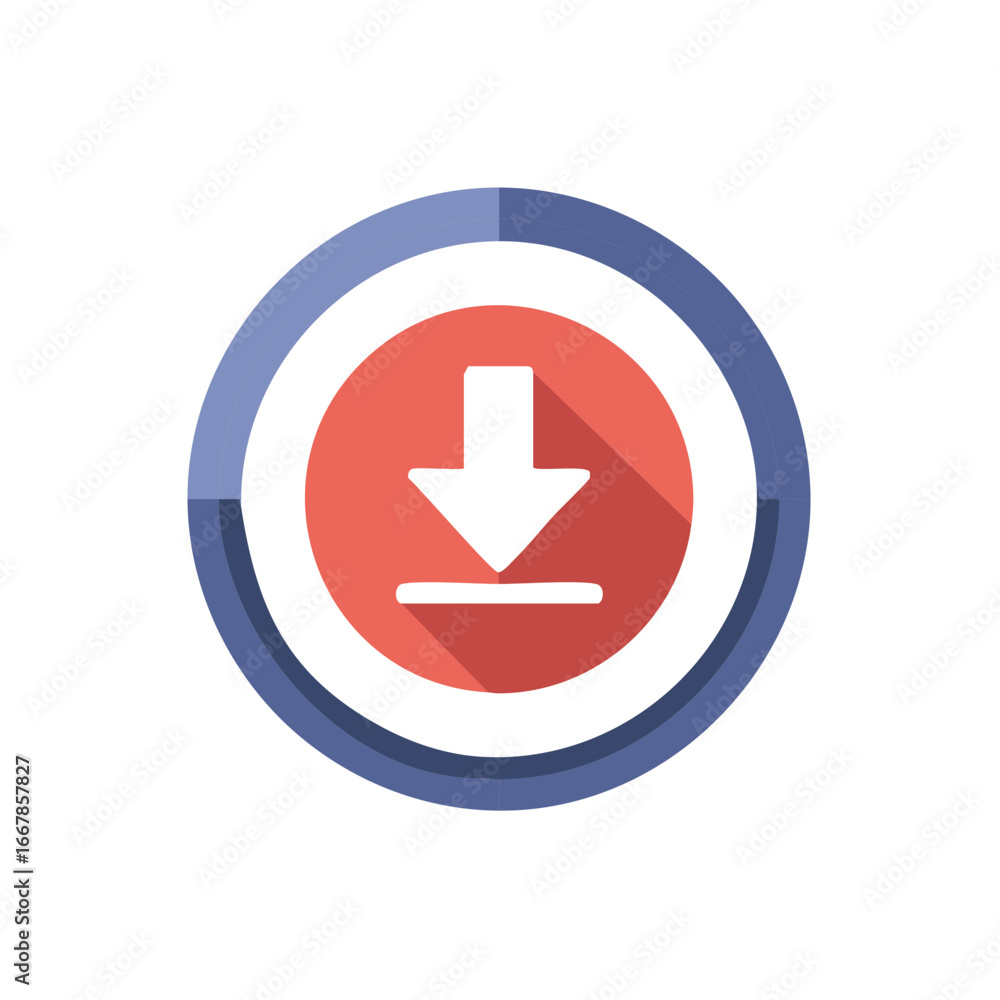 Poster download button icon design with red and white arrow with shadow in a blue and white circular frame.