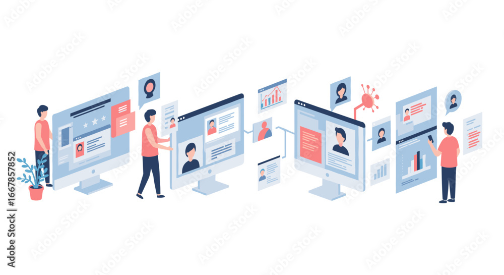 Poster isometric digital collaboration and online networking concept