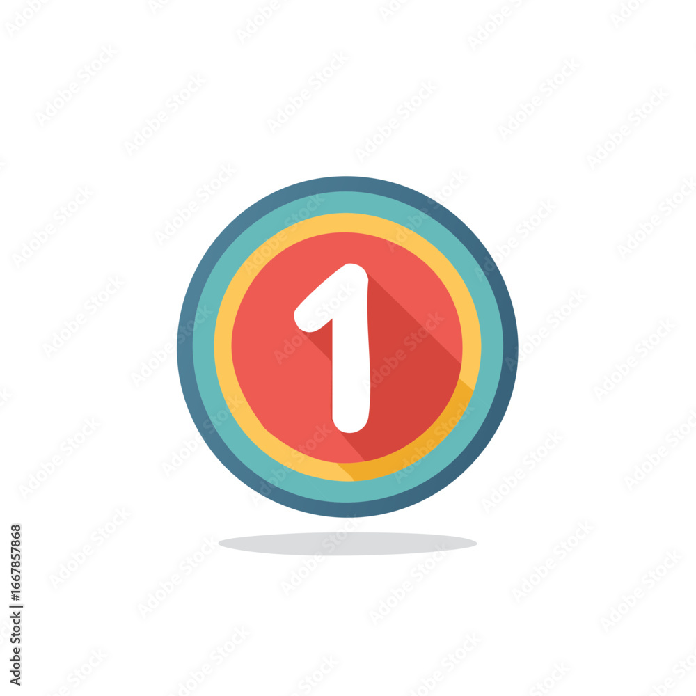 Poster modern flat design icon with bold number one in colorful circle displaying a stylish long shadow