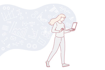 Higher education and studying online concept. Young smiling female student standing learning mathematics online on laptop screen vector illustration