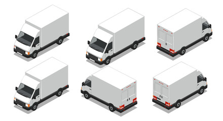 Isometric delivery trucks: multiple angles of white van with red accents