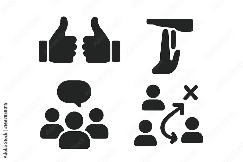 Poster team communication solid icon set. hand signals for timeout and approval. business strategy, teamwor