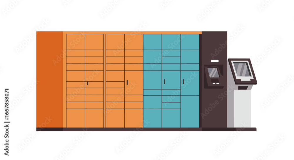 Poster modern parcel locker with touchscreen kiosk for secure package retrieval