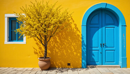 Colorful architectural facade with bright yellow wall, bold blue arched door, potted tree with delicate yellow blossoms