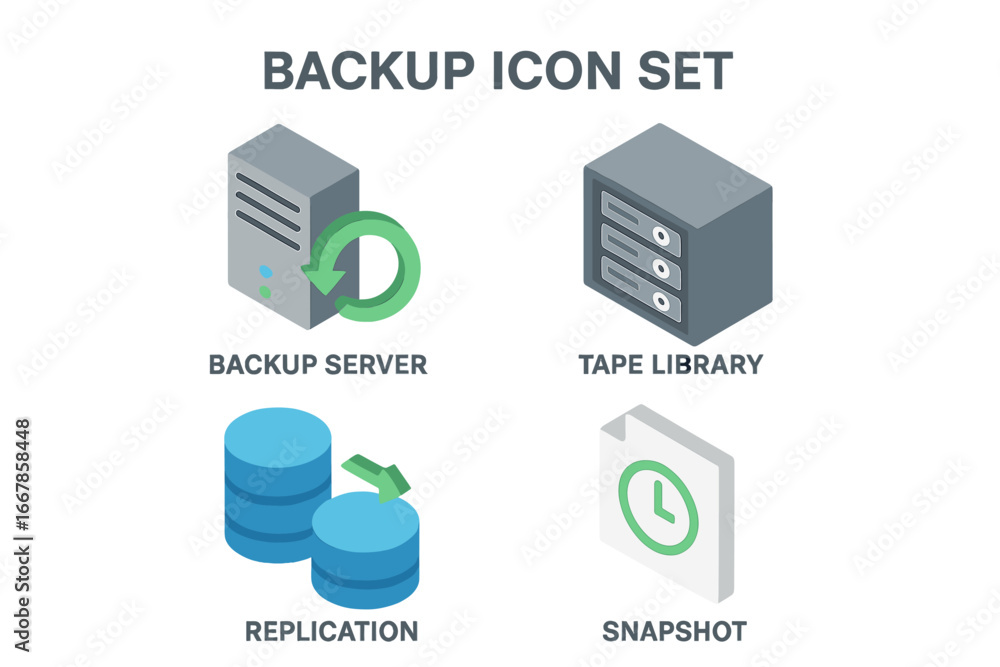 Aufkleber backup and disaster recovery isometric icon set. data protection concepts like backup server, tape l