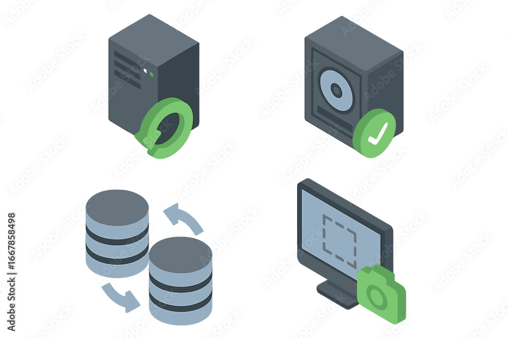 Aufkleber isometric backup and disaster recovery icons. concept of data server, storage replication, database 