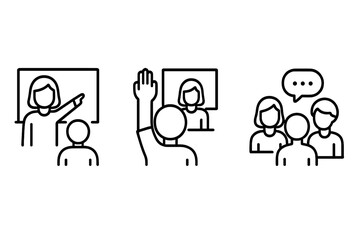 Obraz premium Classroom teaching icon set. Teacher at blackboard, student raises hand, group discussion. Education, school, learning concept. Outline vector icons for web, ui design.