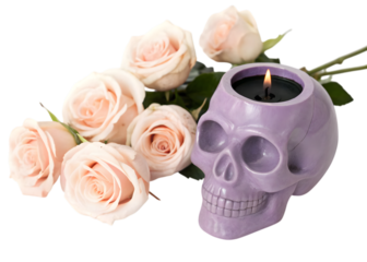 A pastel purple skull candle holder with a lit candle next to a bouquet of light pink roses on black