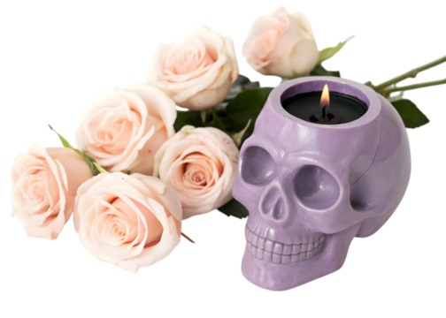 A pastel purple skull candle holder with a lit candle next to a bouquet of light pink roses on black - Powered by Adobe