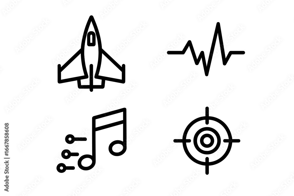 Poster sci-fi game icon set. outline icons. video game ui elements. hud interface. spaceship. target crossh