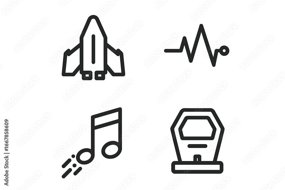 Poster sci-fi game vector icon set for ui ux design. outline icons of spaceship, electronic pulse, soundtra