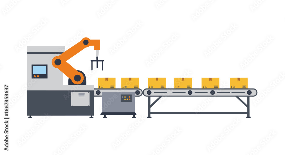 Poster automated production line with robotic arm and conveyor belt in industrial setting