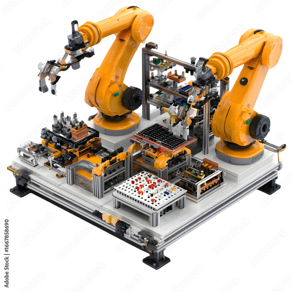 Aufkleber advanced robotic assembly system featuring multiple robotic arms working on a production line