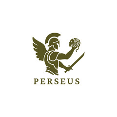 Obraz premium Flat vector logo illustration of the mighty Greek hero Perseus, standing powerfully while holding a sword in one hand and the severed head of the Gorgon in the other