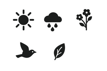 Naklejka premium Spring season solid glyph icon set. Vector collection of nature and weather pictograms. Sun, rain cloud, flower bloom, bird, and leaf symbols for seasonal renewal concepts.