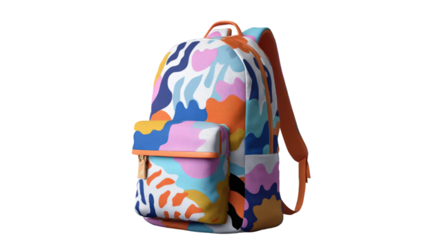 Colorful backpack with abstract design: Capture the vibrancy and functionality of a contemporary backpack, adorned with a vibrant abstract design, ideal for school, travel or everyday use.