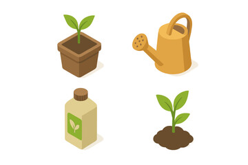 Isometric plant growth icon set. Vector illustration of seedling, sprout in pot and ground, watering can, and fertilizer. Concepts of gardening, agriculture, ecology, and growth.