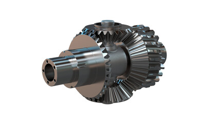 A 3D render of a differential gear mechanism with bevel gears. The metallic structure is ideal for projects related to automotive, engineering, and mechanics.