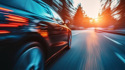 Obraz premium Fast car on highway at sunset