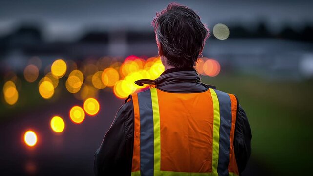 A person in a high-visibility vest directs traffic at an airport during twilight, with blurred lights in the background.