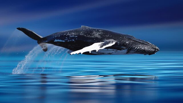 A humpback whale breaching the water's surface, creating a spray against a scenic blue ocean background.