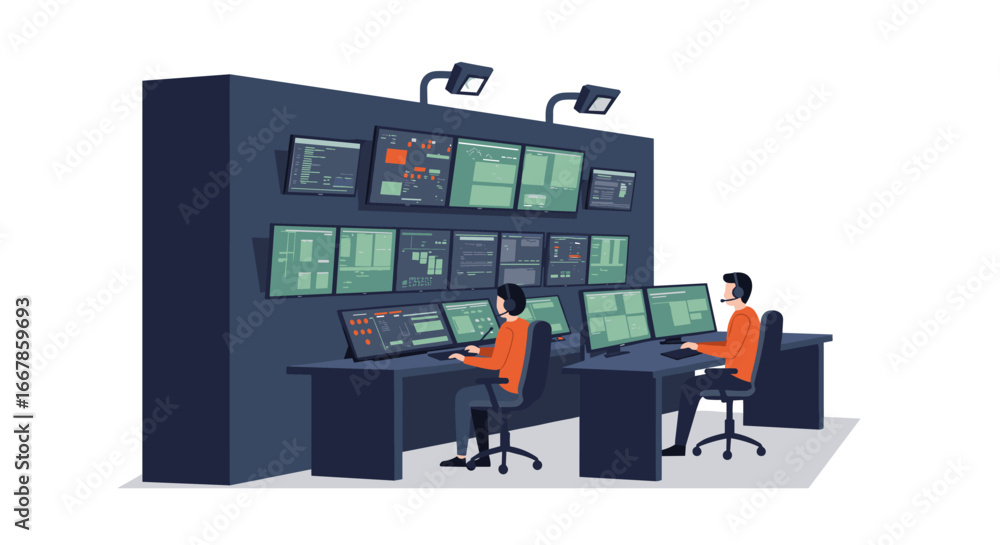 Aufkleber monitoring specialists in modern control room with multiple screens
