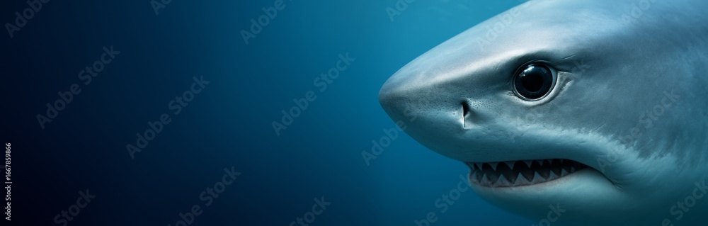 Poster close-up image of shark head with teeth and black eyes, underwater, right side, blue ocean backgroun