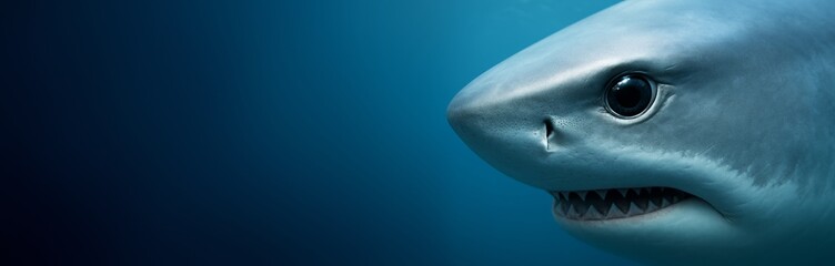 Fototapeta premium Close-up image of shark head with teeth and black eyes, underwater, right side, blue ocean background with empty copyspace on left. Ai generative. Ai generative