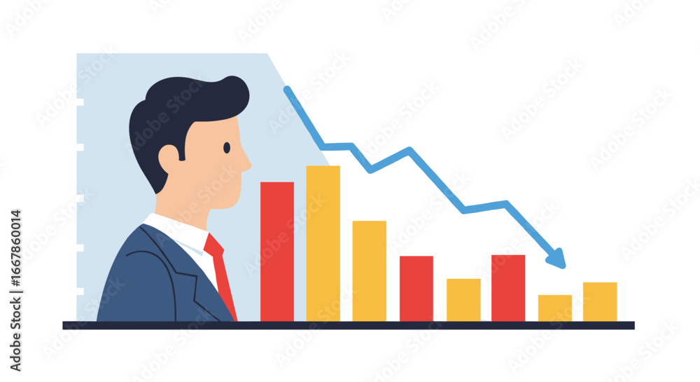 Poster businessman facing declining graph in flat design