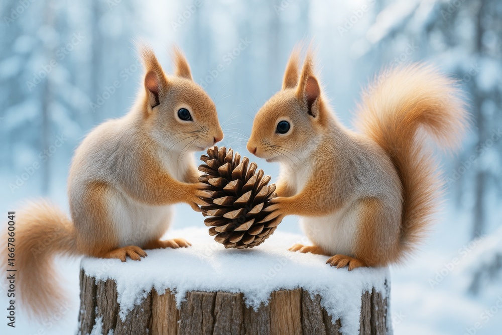 Poster Two realistic red squirrels holding a pine cone on snowy stump in winter forest with soft light and blurred background. Ai generative. Ai generative
