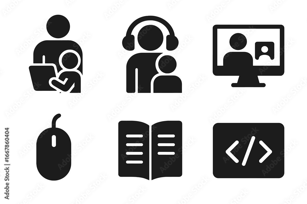 Poster solid glyph icon set of family tech time. parent and child with tablet, headphones for listening, vi