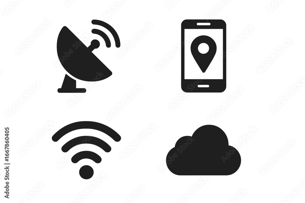 Poster solid filled icon set of technology concepts. vector symbols for satellite dish communication, smart