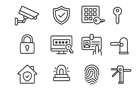 Security and access control line icon set, monitoring protection symbols in outline style, vector cartoon illustration with transparent background, ordered set of security icons