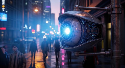 Futuristic surveillance camera monitoring a busy city street