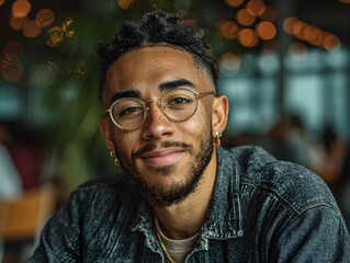 A young man with stylish glasses and a denim jacket smiles confidently in a blurred cafe environment indoors.