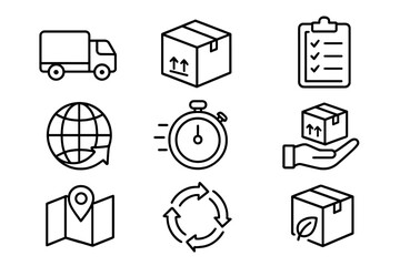 Shipping and Delivery Outline Icon Set – Logistics, Supply Chain, Eco-Friendly Shipping Icons, Fast Delivery, Global Transport, Package Handling, Efficient Supply Management, Transparent Background