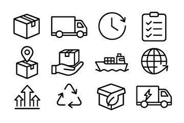 Shipping and delivery outline icon set with logistics, supply chain, eco-friendly shipping, transport, package handling, global cargo, and tracking vector illustration