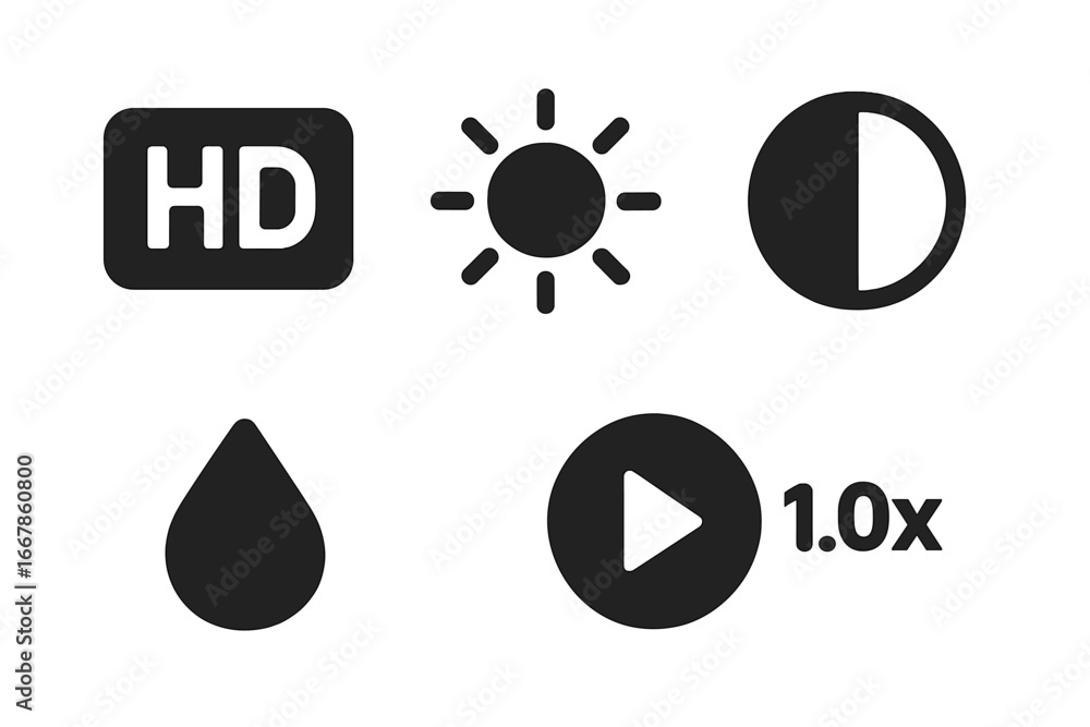 Poster video settings solid glyph icon set. ui elements for player interface design. includes hd resolution